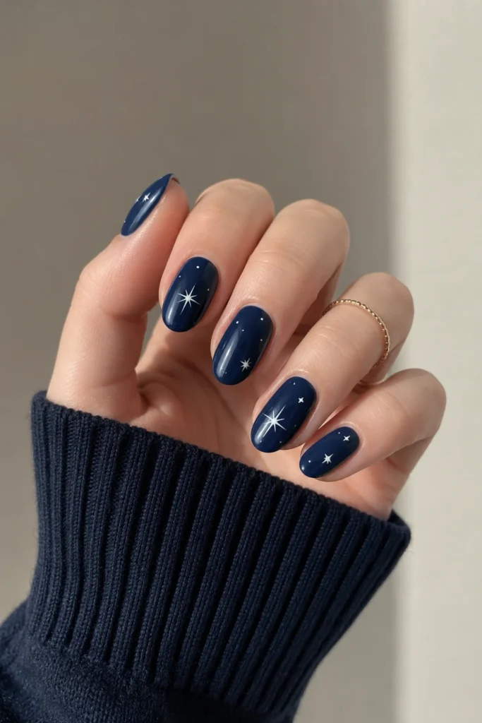 Minimal white star accents on glossy navy nails