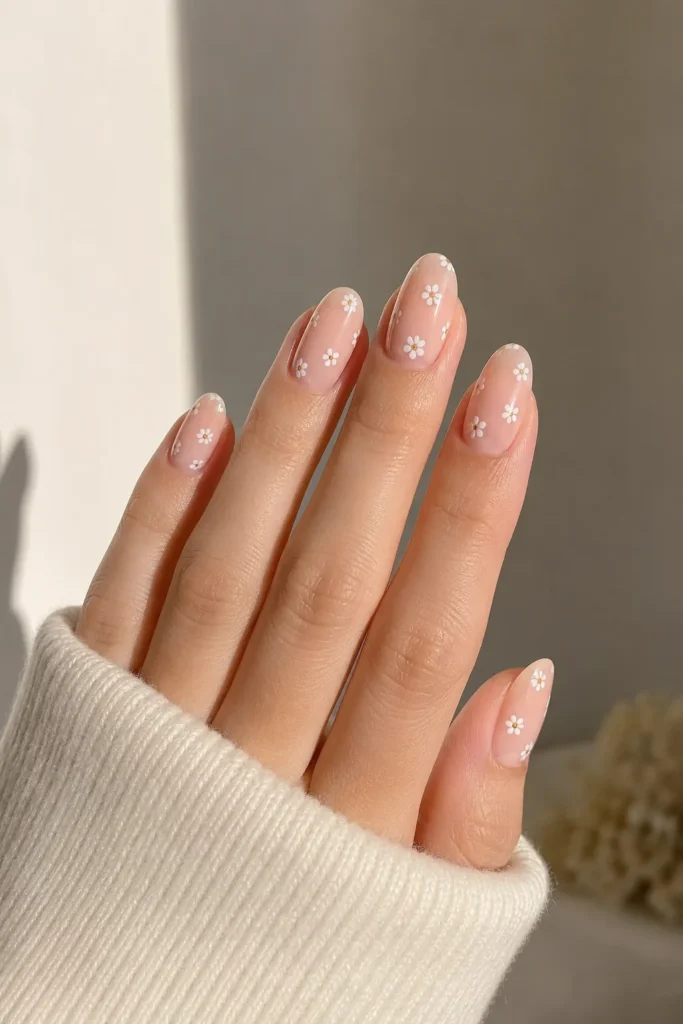 Tiny white flower accents on soft nude nails