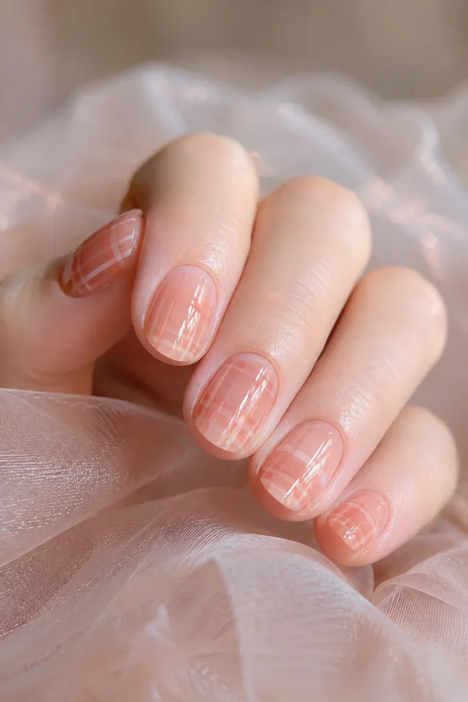 Translucent jelly plaid nails with soft pink glossy finish