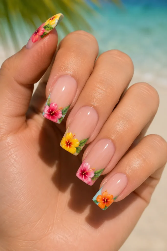 Colorful hibiscus flower french tip nail design