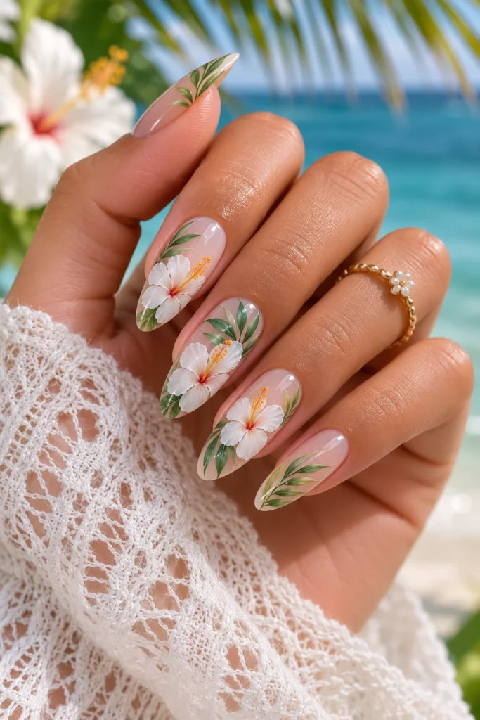 White hibiscus flowers with green leaves on nails
