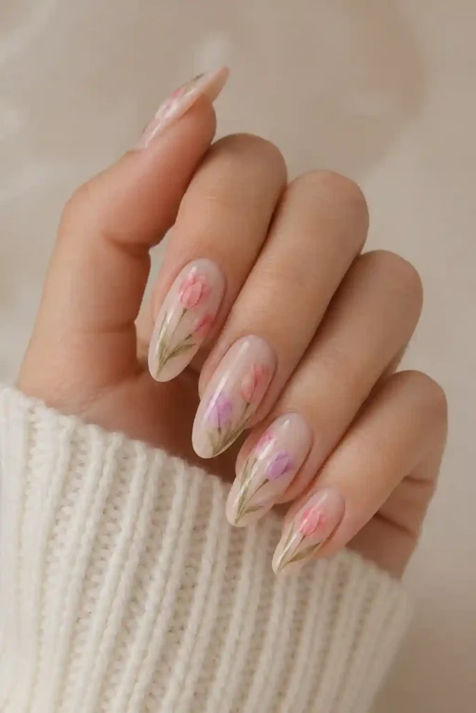 Delicate tulip floral nail art on a soft neutral spring base
