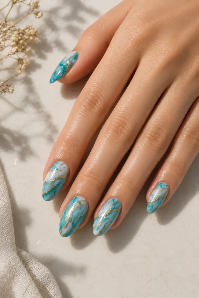 Turquoise marble swirl nails with flowing ocean inspired patterns