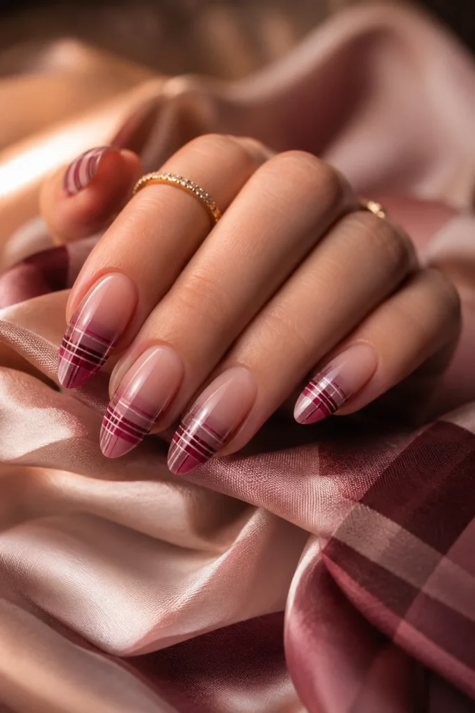 Ombre plaid nails blending blush pink and mauve shades