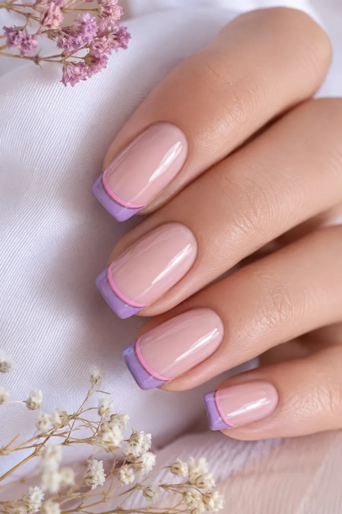 Purple French tips with thin pink underline detail