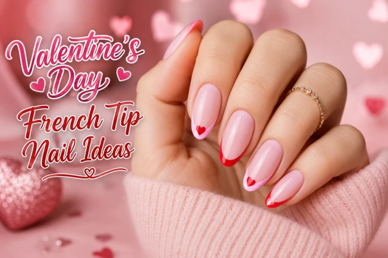 Romantic Valentine's Day French tip nails with heart accents