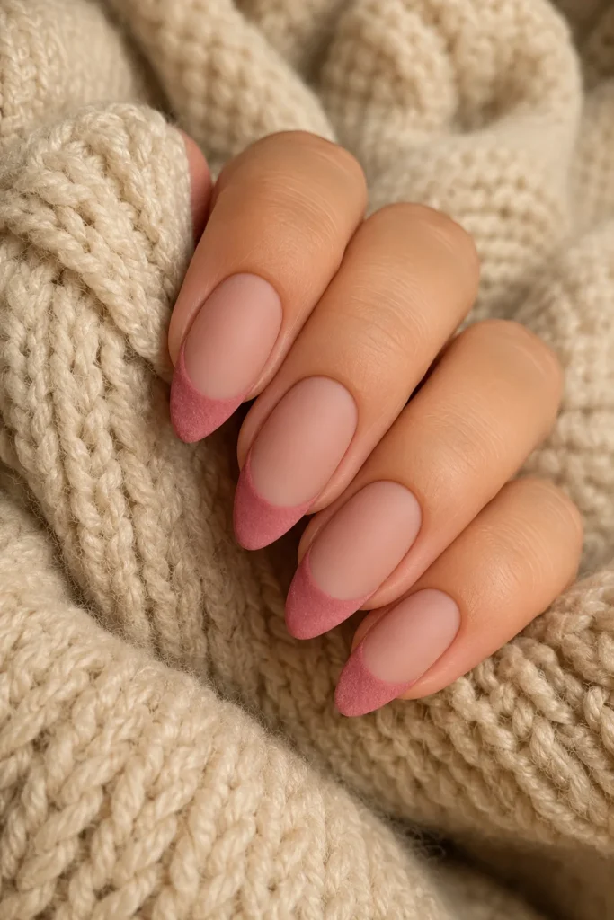 Velvet matte pink French tip nails with soft texture