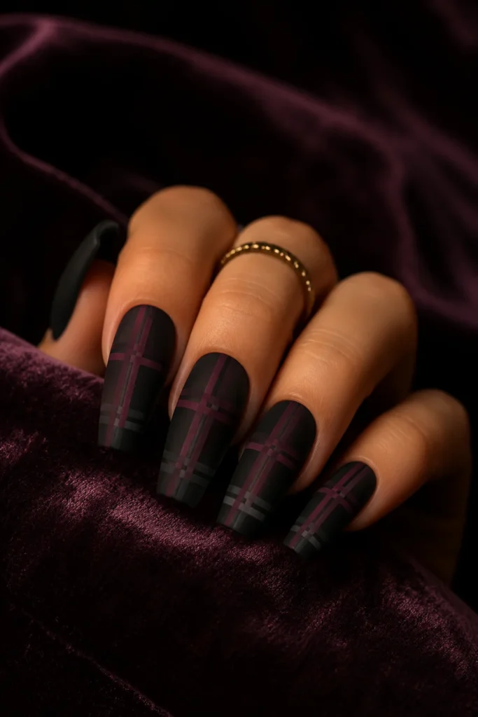 Velvet matte plaid nails in black plum and charcoal tones