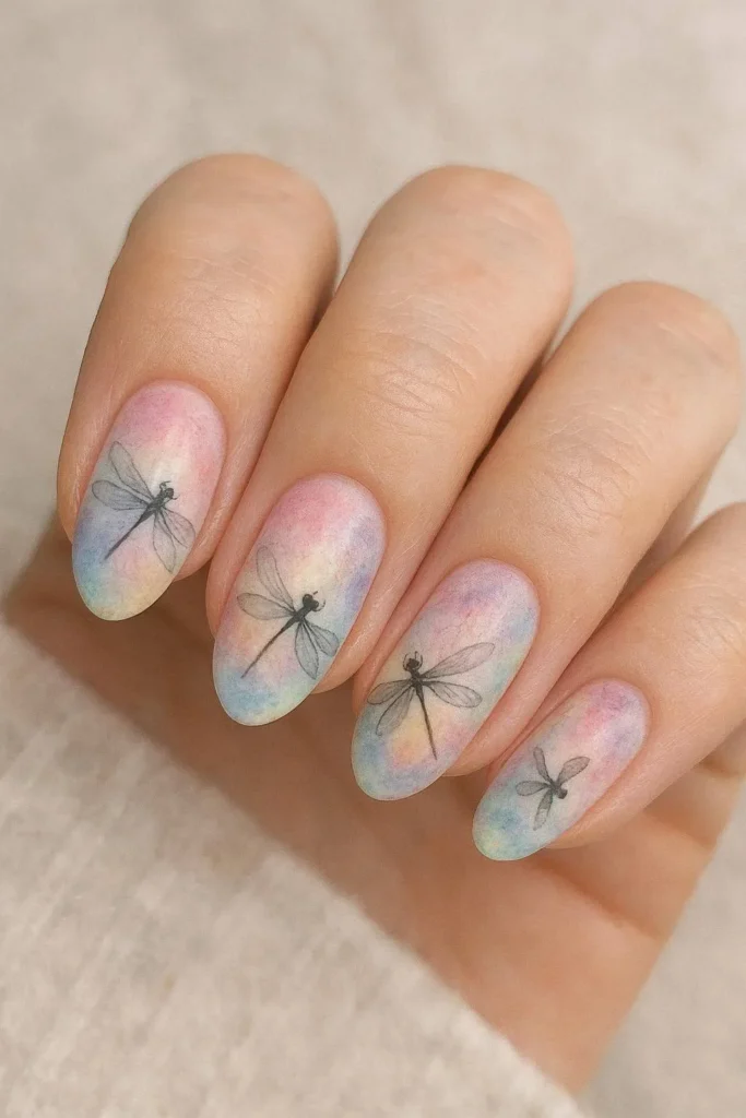 Watercolor nails with soft dragonfly silhouette design