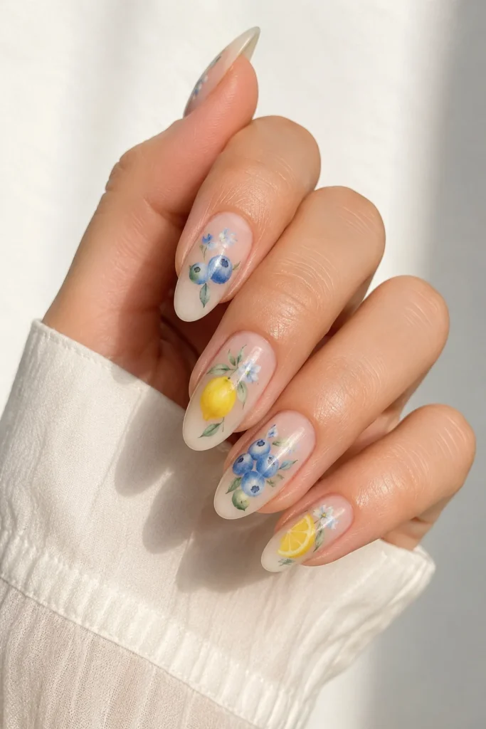 Watercolor style nails with yellow and blue fruit