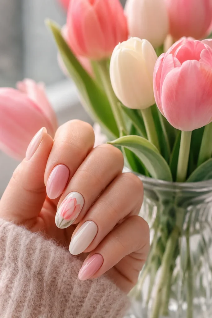 Watercolor tulip accent nail with soft pink floral design