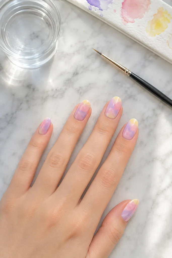 Soft watercolor wash brush nail idea in pastel shades