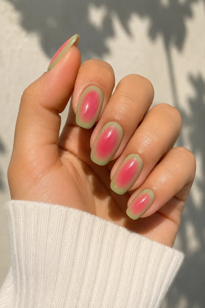pink green watermelon fruit aura nail design
