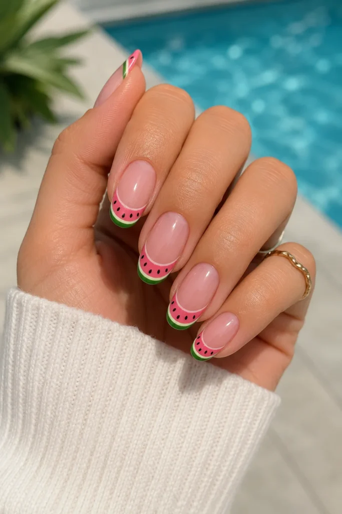 Pink green watermelon inspired french tip nails