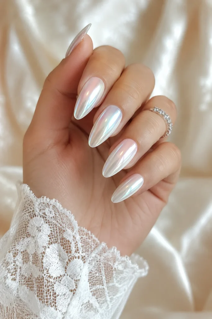 Mirror white chrome bridal shower nails