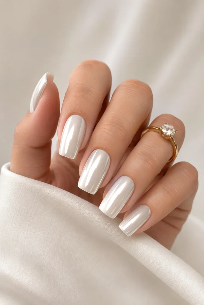 Glossy glazed white chrome bridal wedding manicure