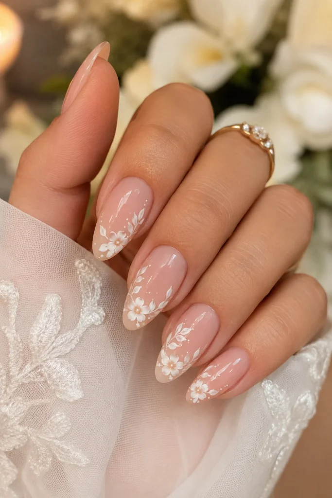 White floral art on nude bridal nails