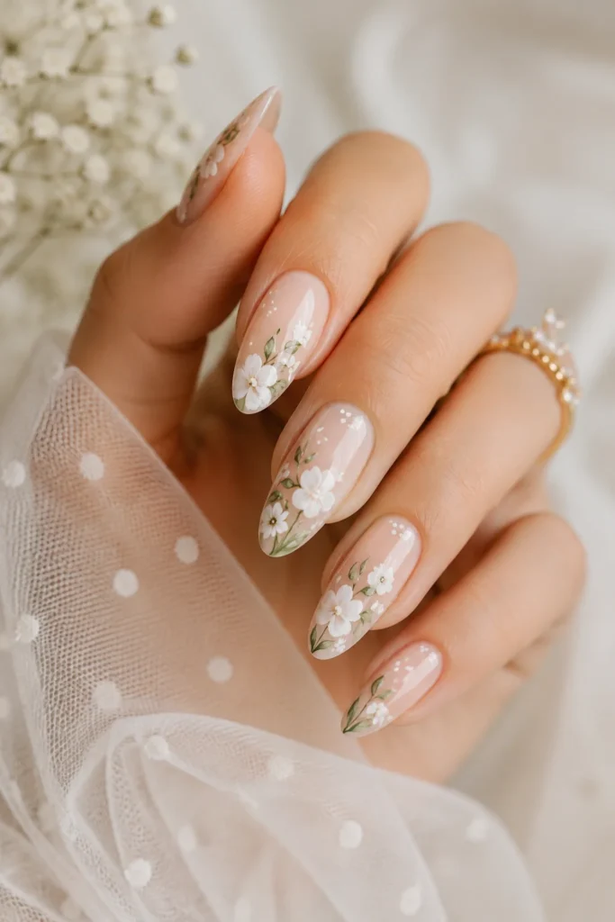 Hand painted white floral bridal wedding nail design