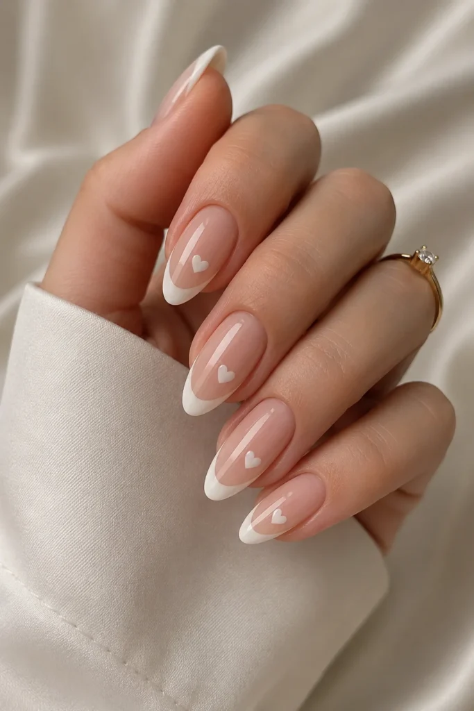 Tiny white hearts over nude French manicure