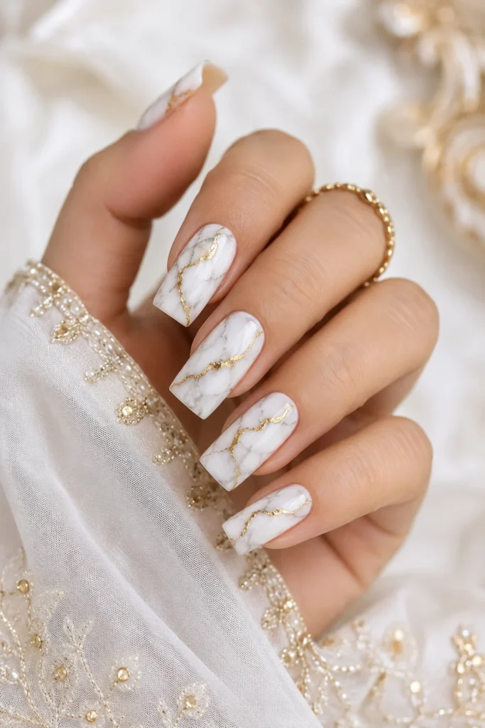 White marble gold accent bridal wedding nails