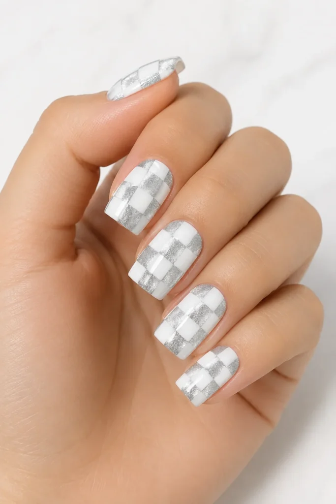 White and silver checkerboard square nails