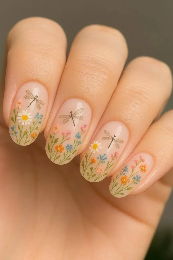 Dragonfly nails surrounded by tiny wildflower details