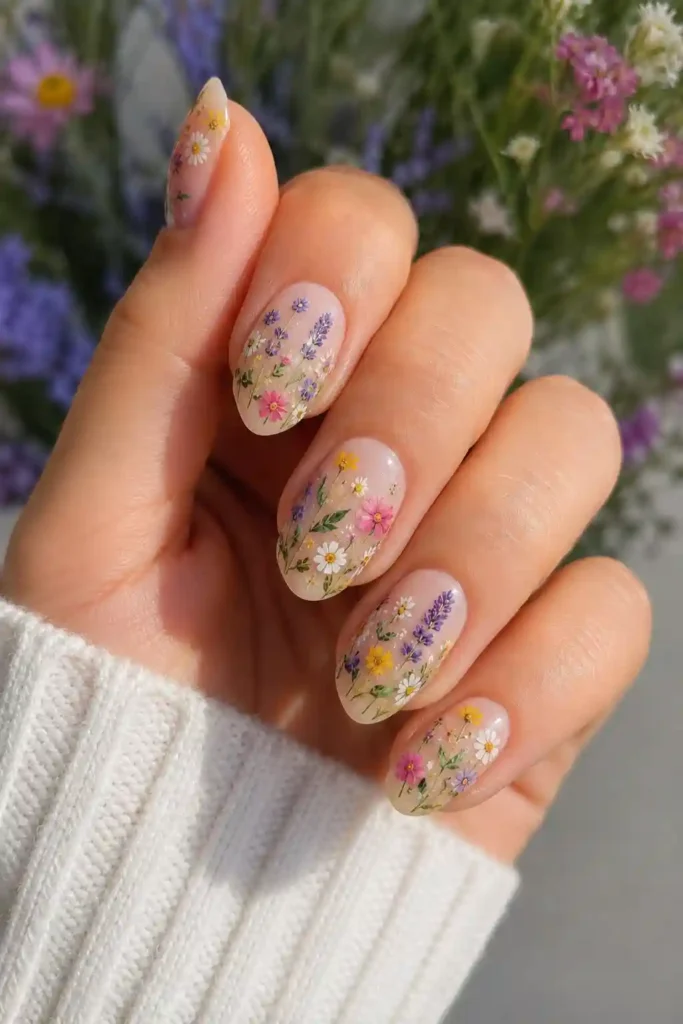 Colorful wildflower floral nail art on a nude spring base