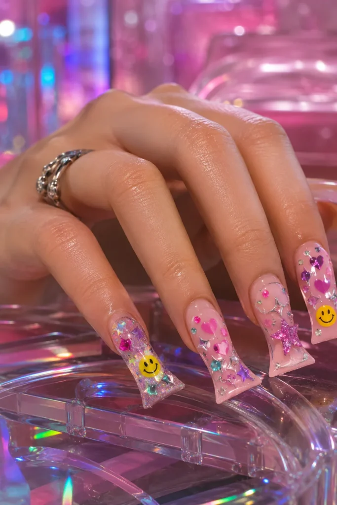 Colorful Y2K duck nails with hearts, stars, gems, and charms