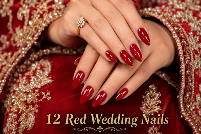 12 red wedding nails with glossy almond finish