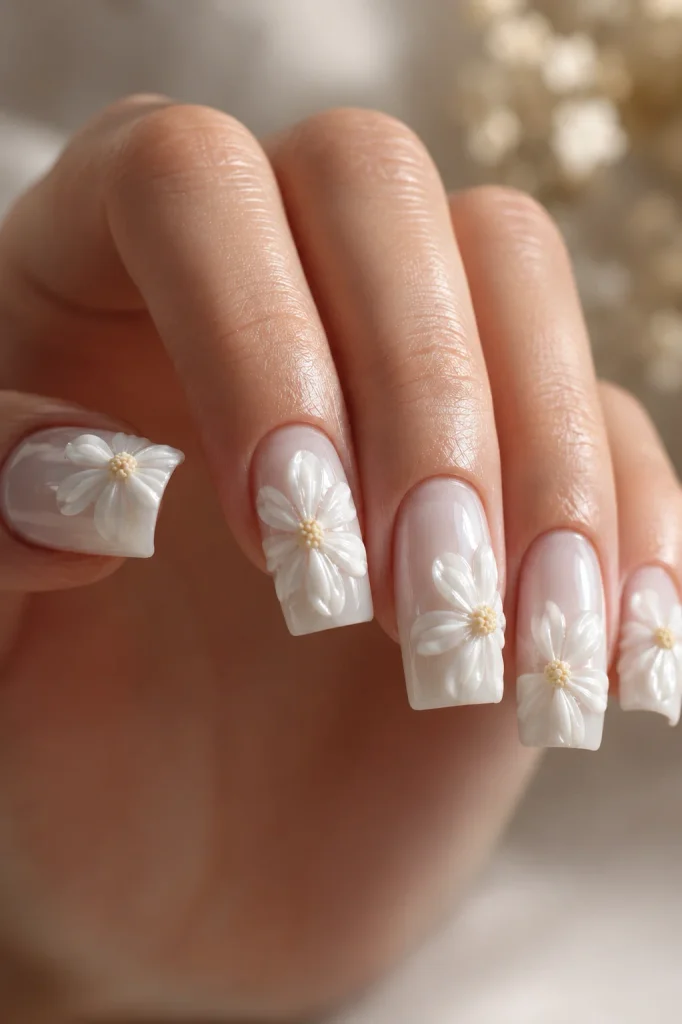3D daisy petals on a soft milky base
