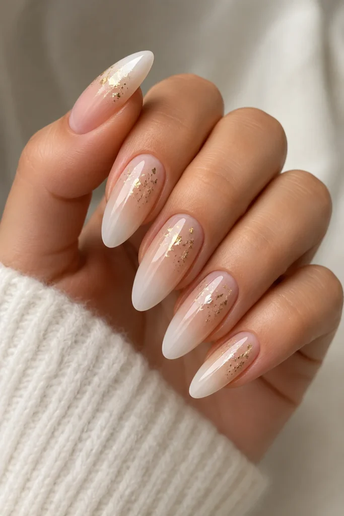 Almond nails with airbrushed white ombre fade and scattered gold foil flakes near the cuticle