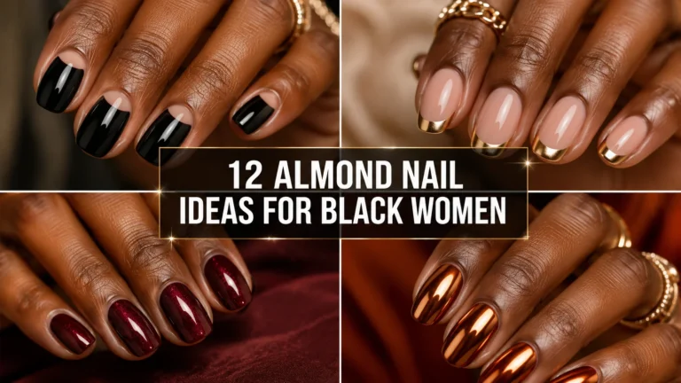 Round nail ideas for Black women featuring black, gold, burgundy, and copper chrome designs.