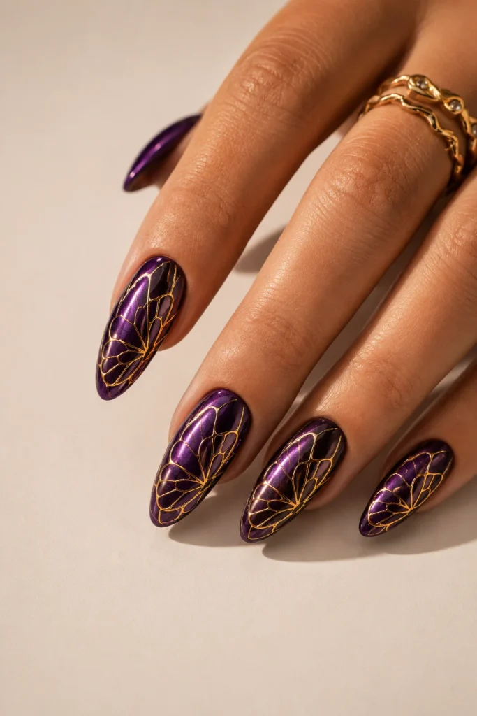 Deep amethyst nails with gold foil butterflies