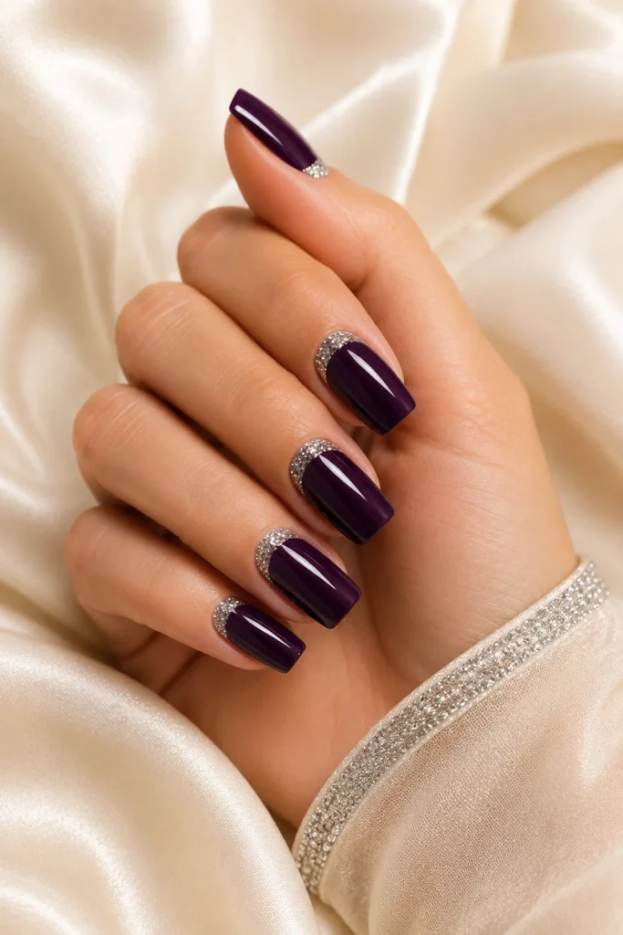 Deep amethyst nails with silver glitter cuffs