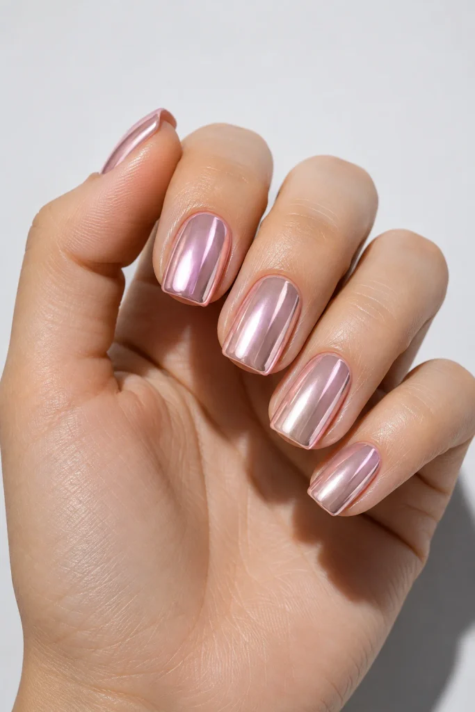 Baby pink chrome coquette nails with pearlescent shine