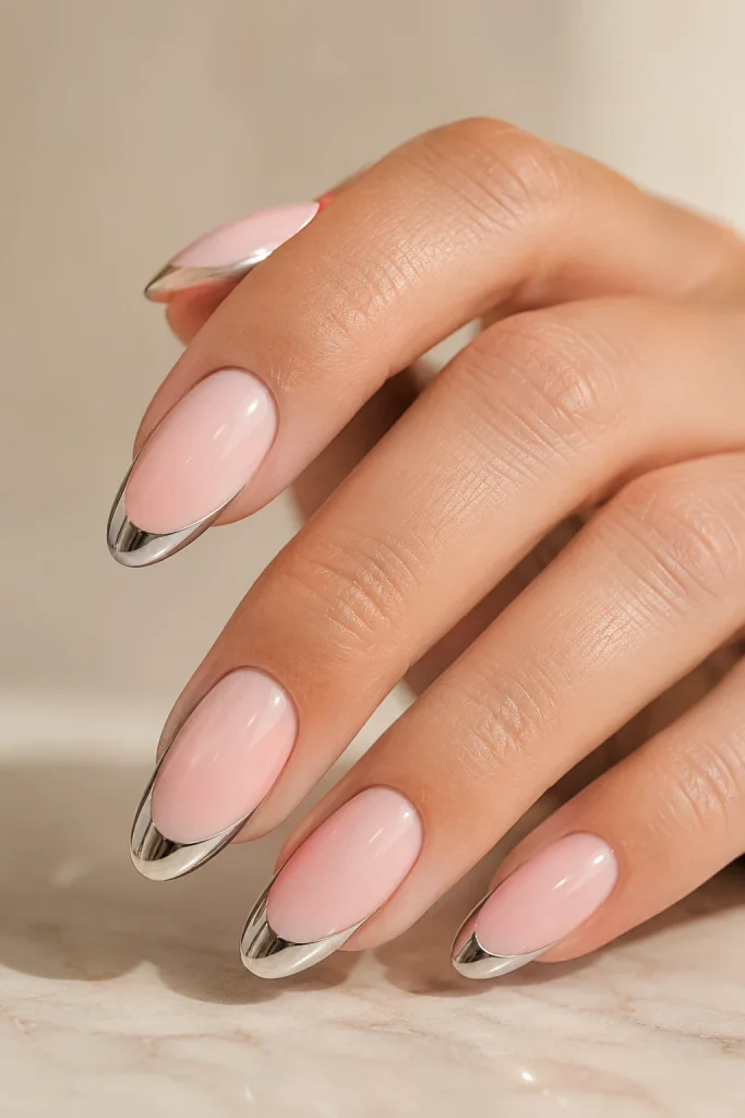 Baby pink nails with silver chrome French tips