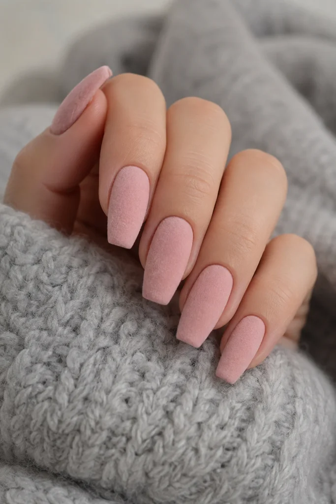 Baby pink matte coffin nails with velvet finish