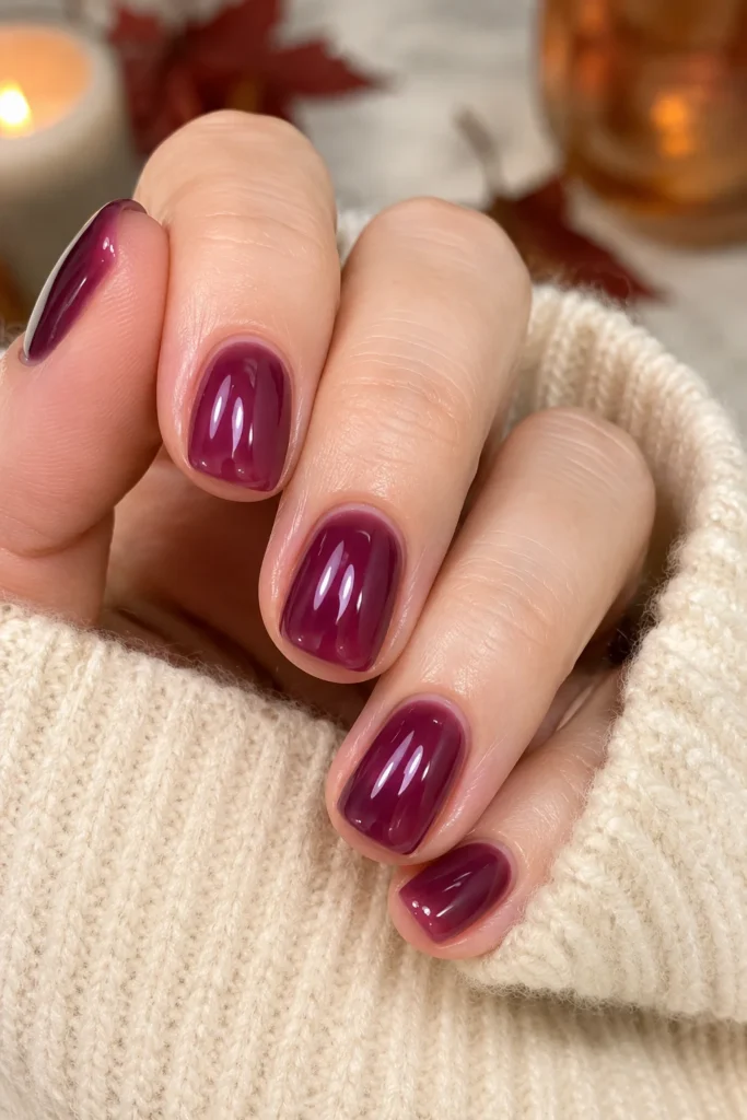 Short round nails in glossy berry purple jelly polish finish
