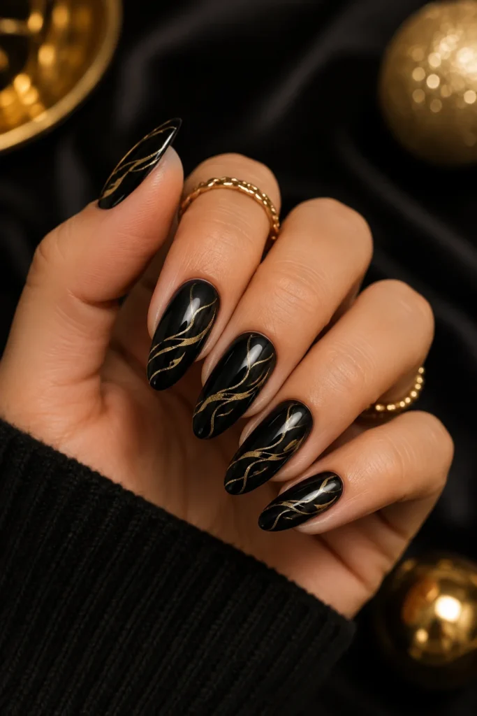 Black almond nails with delicate gold swirl art and holiday ornaments