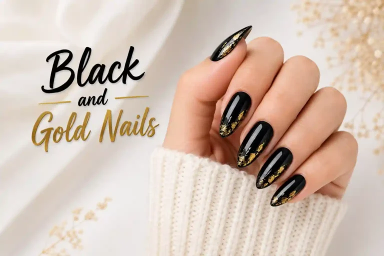 Black and gold almond nails with gold accents