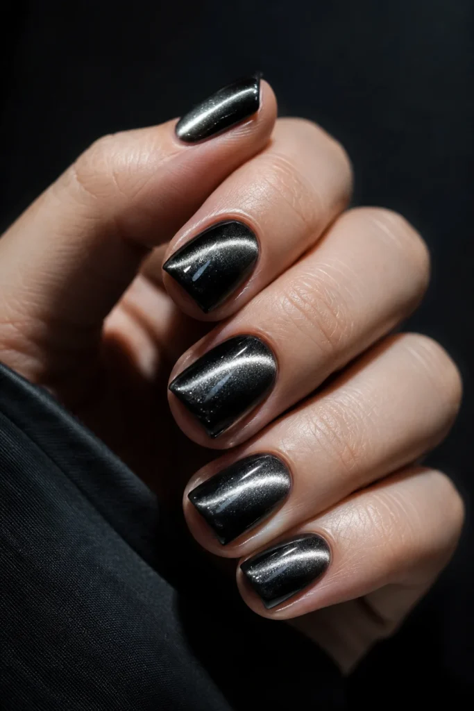 Short black cat-eye chrome nails with glowing metallic shimmer