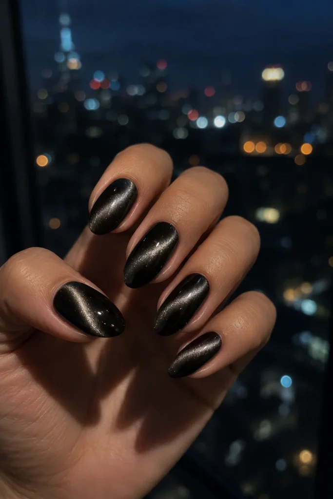 Black cat-eye magnetic nails with glowing light effect