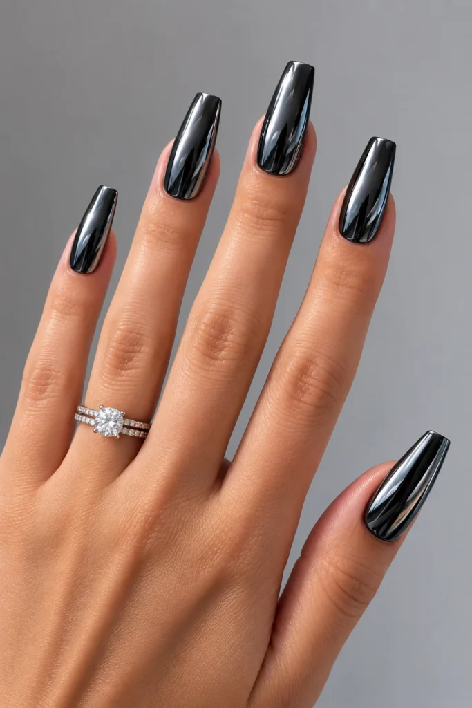 Black chrome mirror nails with reflective metallic shine