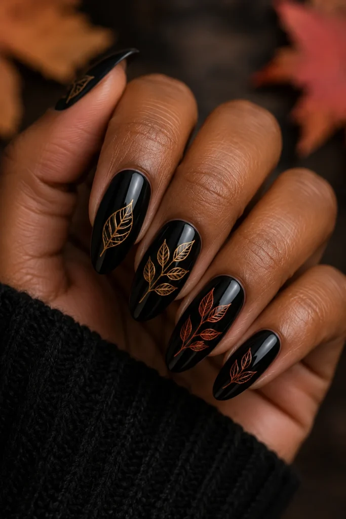 Black almond nails featuring hand-painted gold and copper leaf designs.