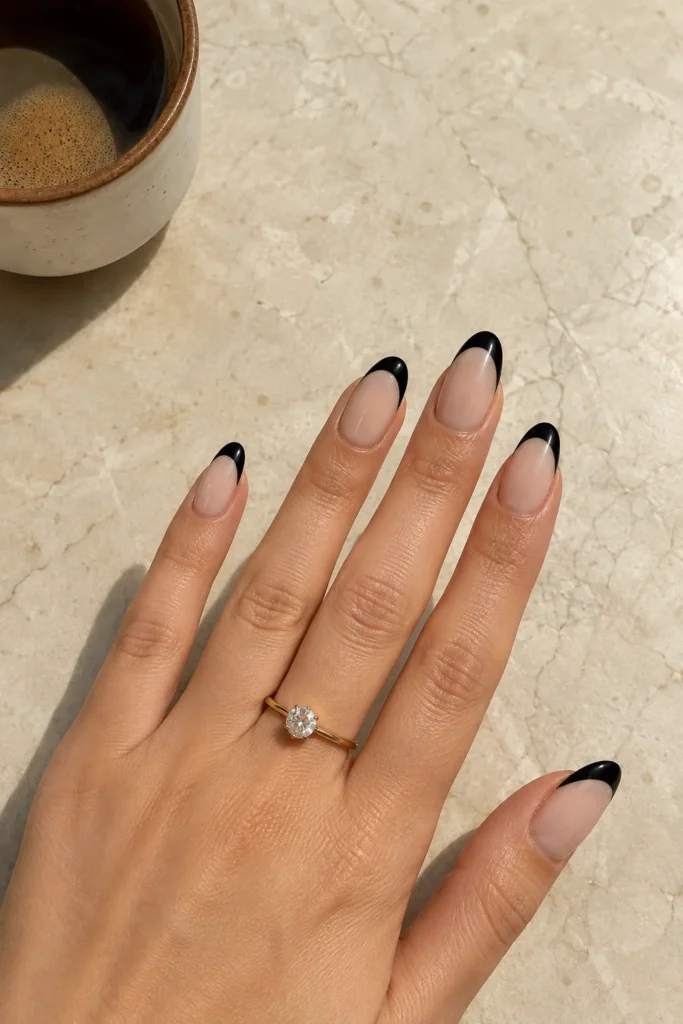 Black French tip Halloween nails with a sheer nude base on almond nails