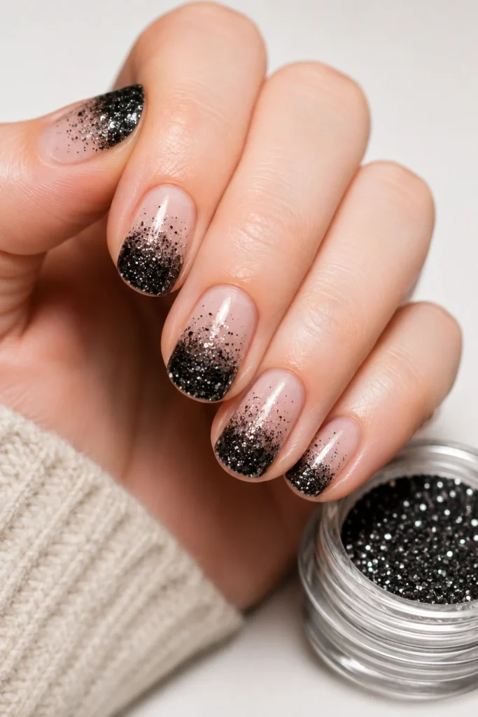 Black glitter ombre Halloween nails with sparkling glitter fade tips