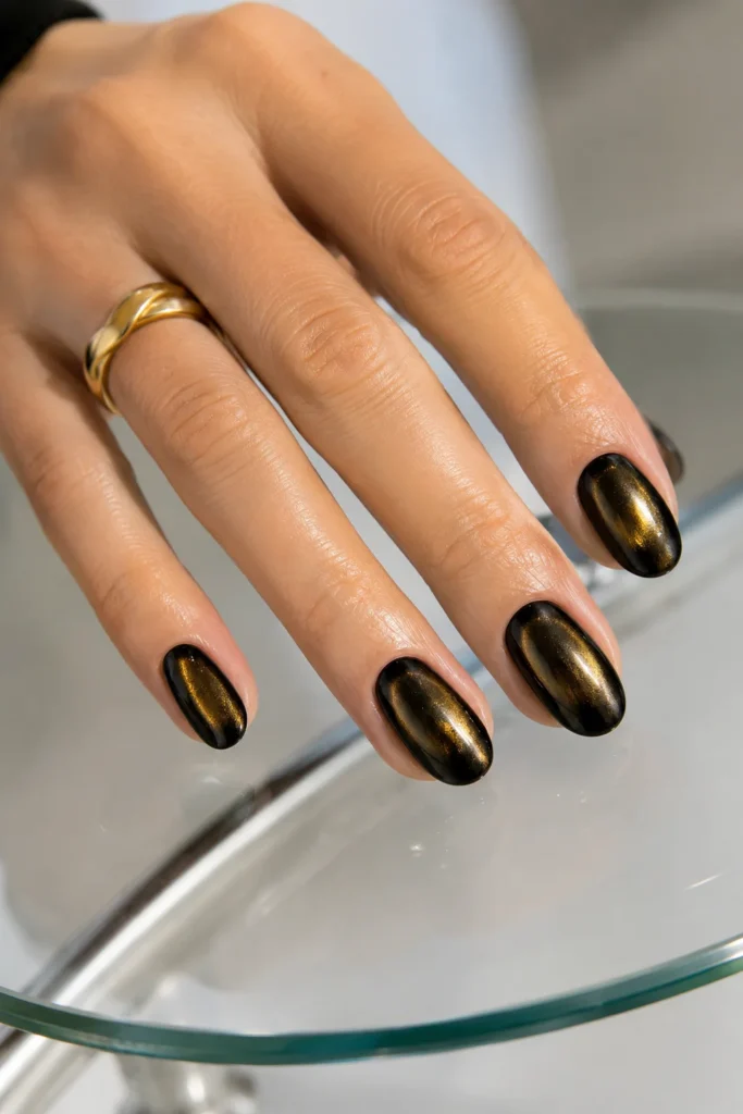 Black nails with a glossy glazed gold chrome finish