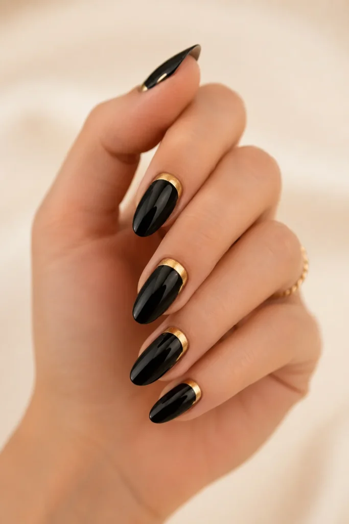 Black half-moon nails with gold near the cuticle