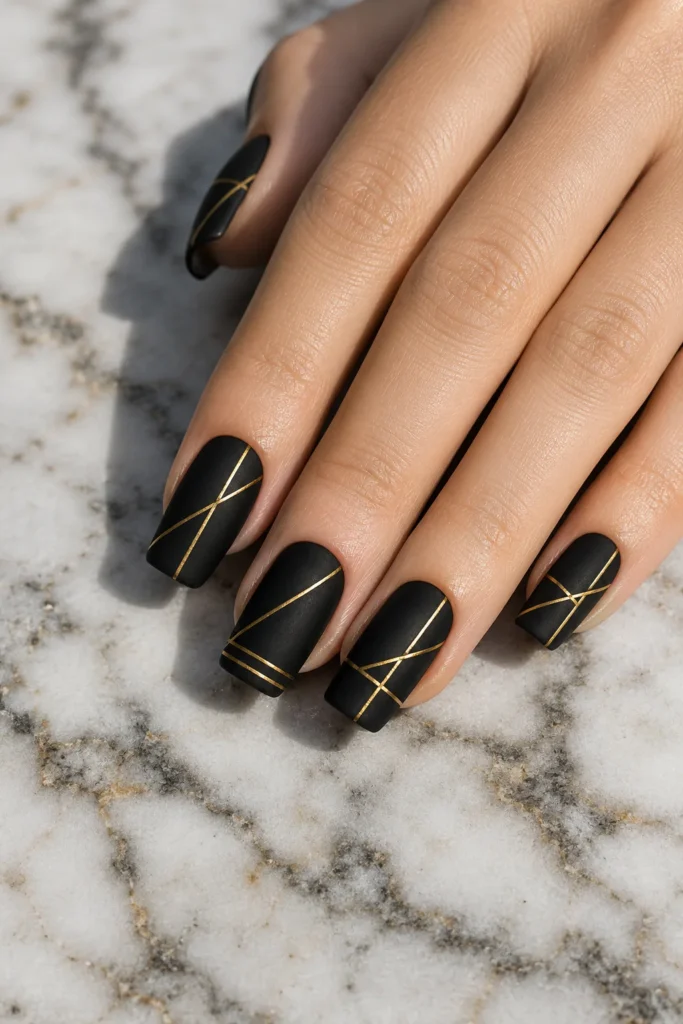 Matte black wedding nails with minimalist gold geometric line art