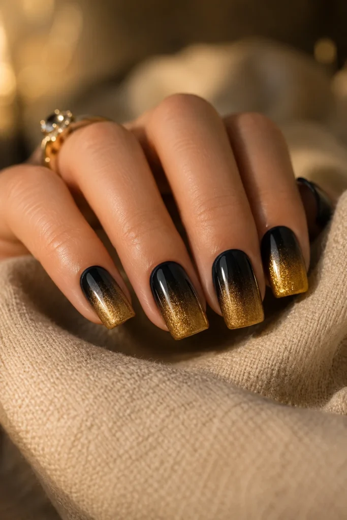 Black and gold ombre nails with a smooth gradient